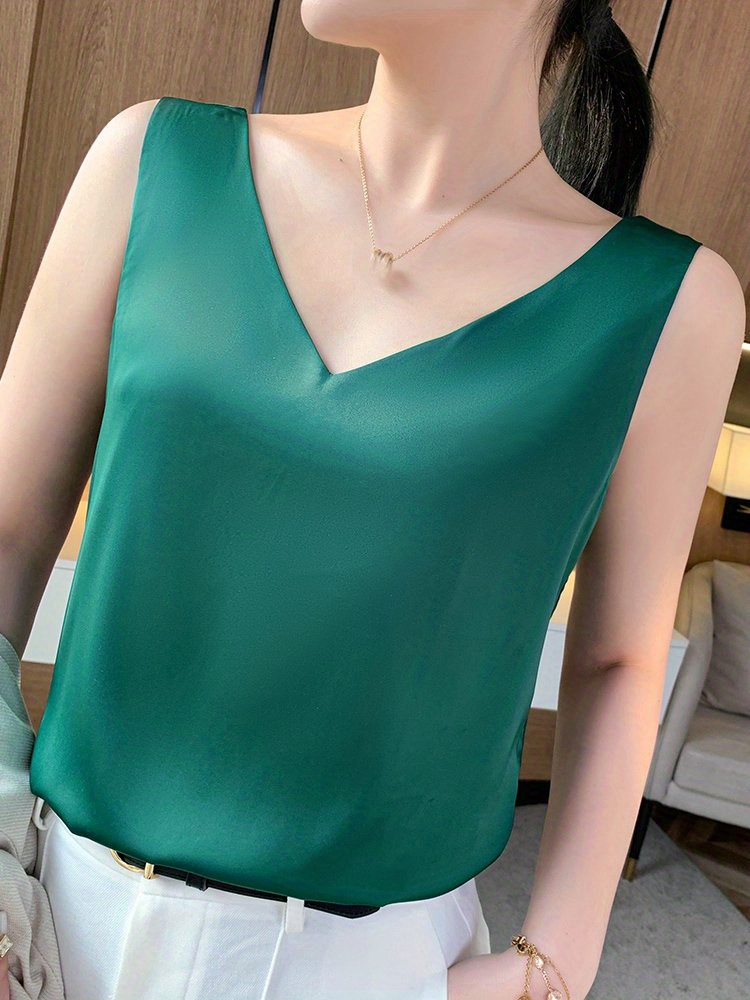 Velvet Boat Women?s Sleeveless V-Neck Tank Top - Soft Satin Finish, Loose Fit for Summer Layering, Lightweight & Breathable Polyester Blend, Elegant Solid Color Design, Breathable Clothing | Sleeveless Fashion | Satin Finish Top