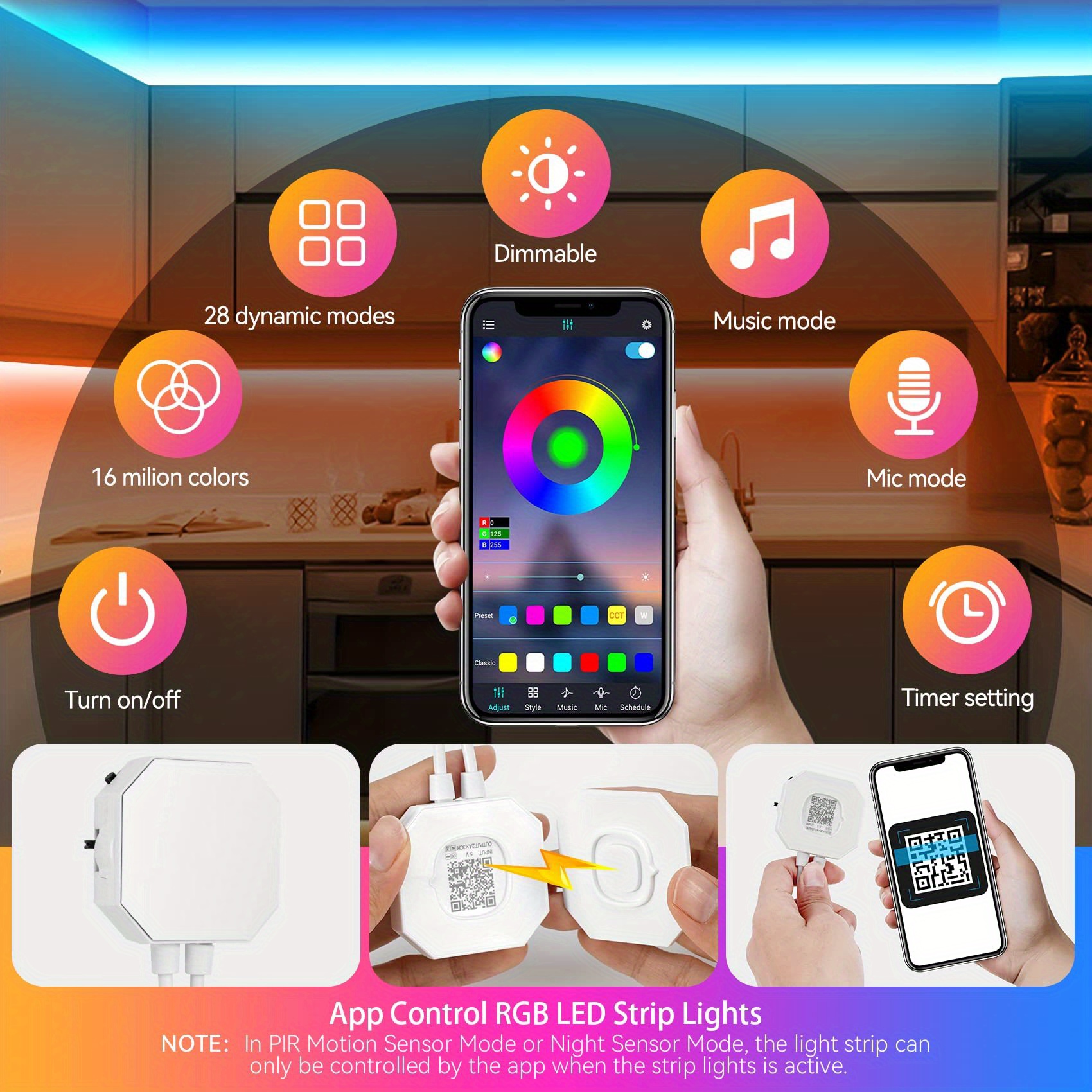 1set motion sensor led strip light 9 8 16 4ft rgb led strip lights with stay on motion activated night sensor 3 modes remote app control music sync color changing under cabinet lights for bed closet stair tv details 6