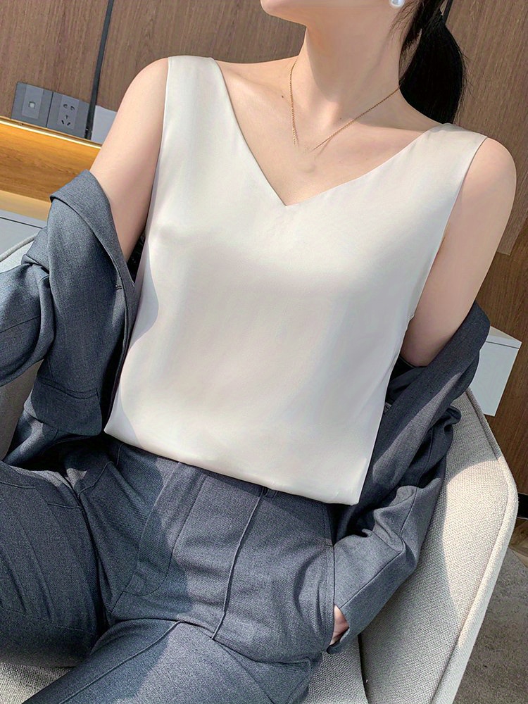 Velvet Boat Women?s Sleeveless V-Neck Tank Top - Soft Satin Finish, Loose Fit for Summer Layering, Lightweight & Breathable Polyester Blend, Elegant Solid Color Design, Breathable Clothing | Sleeveless Fashion | Satin Finish Top