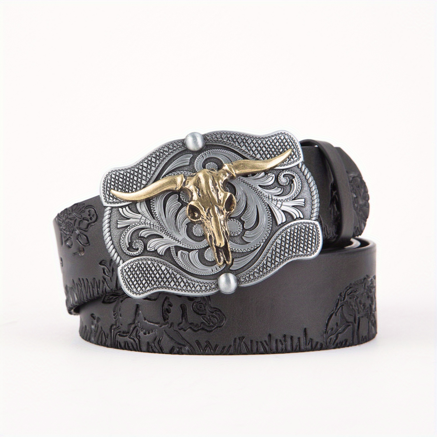 Cow Head Mens Leather Belt Retro Embossed Cool Belt Western Cowboy Big ...