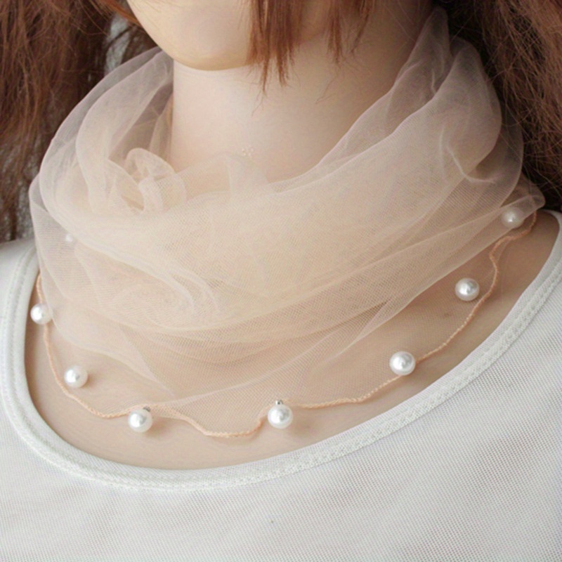 Faux Pearl Ruffle Scarf Gauze Neck Warmer Infinity Loop Scarf
