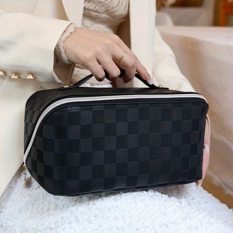 TBOLINE Large Capacity Travel Cosmetic Bag Checkered Makeup Bag PU