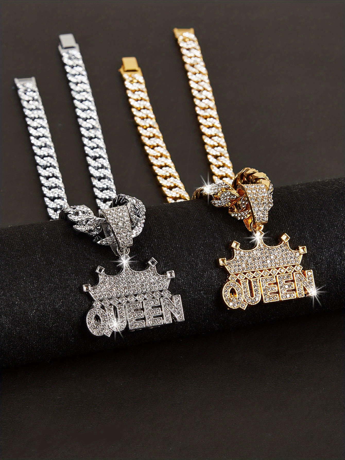 hip hop style cuban link chain crown queen pendant necklace rhinestones neck jewelry for women details 0