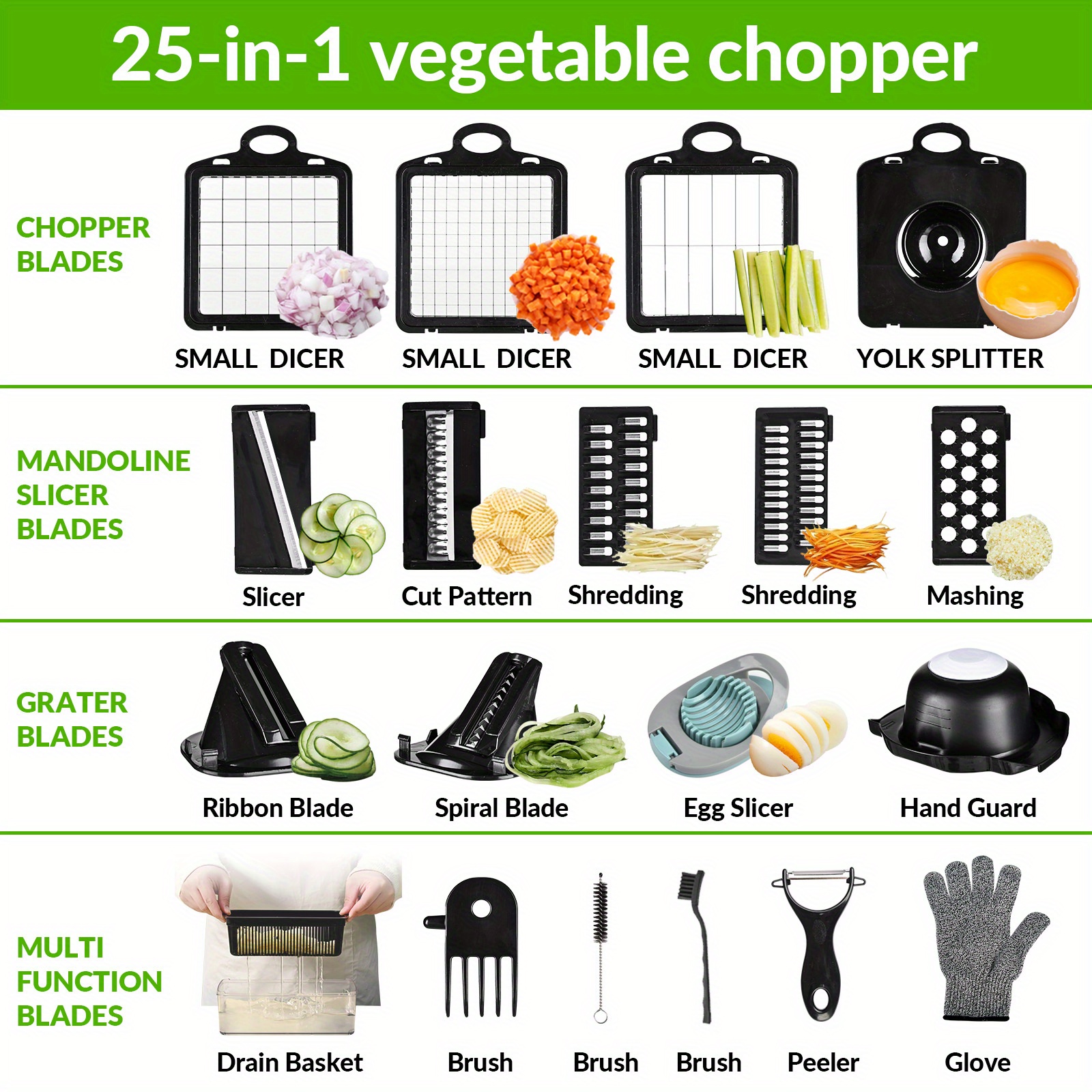 25in1 Multifunctional Vegetable Chopper With 10 Blades, Onion Chopper,  Fruit Dicer, Egg Slicer, Spiralizer, Potato Slicer, Tomato Dicer, Cutter,  And Glove - Perfect For Salad And Food Preparation - Temu New Zealand