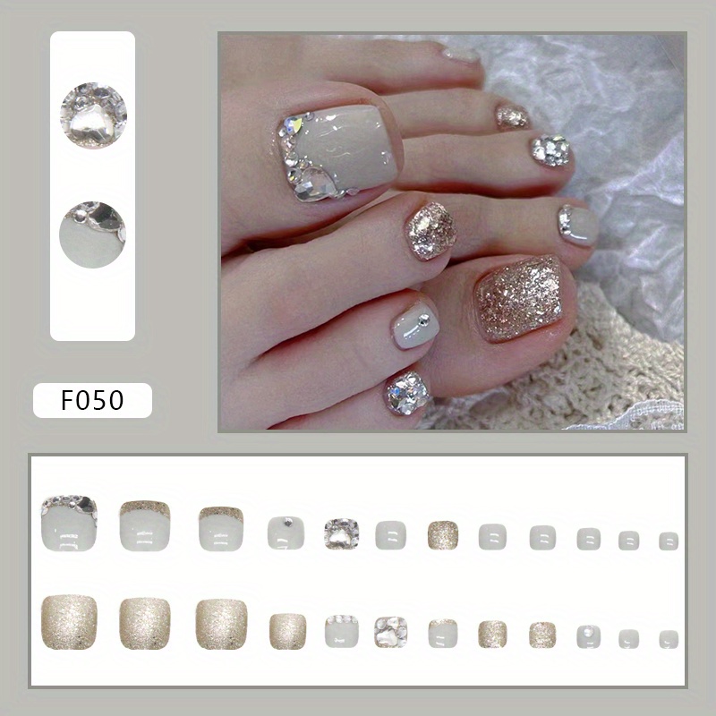 24pcs Grey Press On Toenails, Square Fake Toenails With Glitter Design, Glossy Full Cover Rhinestone False Toenails For Women And Girls
