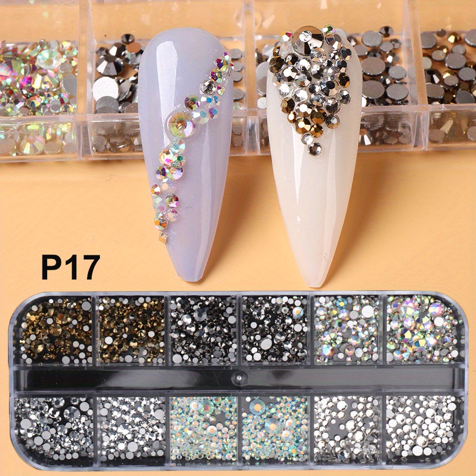 Tisslan Nail Decorations for Nail Art 3D Glass Crystal Clear Multi Shape Rhinestones 12 Designs Flat Back Round Diamonds Assorted Kit Box