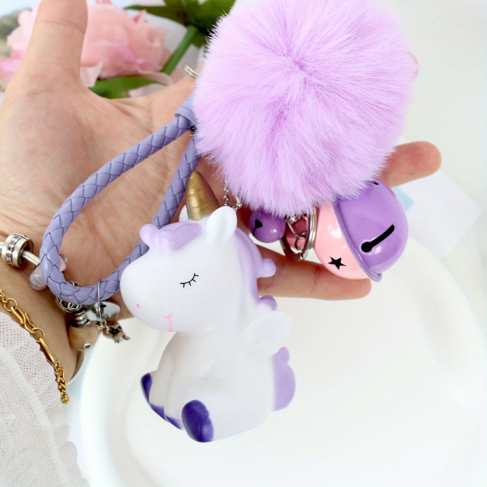 Cute Fur Ball Pom Pom Keychain With Unicorn Bells Keyring For Womens Bag  Wallet Car Decoration - Jewelry & Accessories - Temu Netherlands