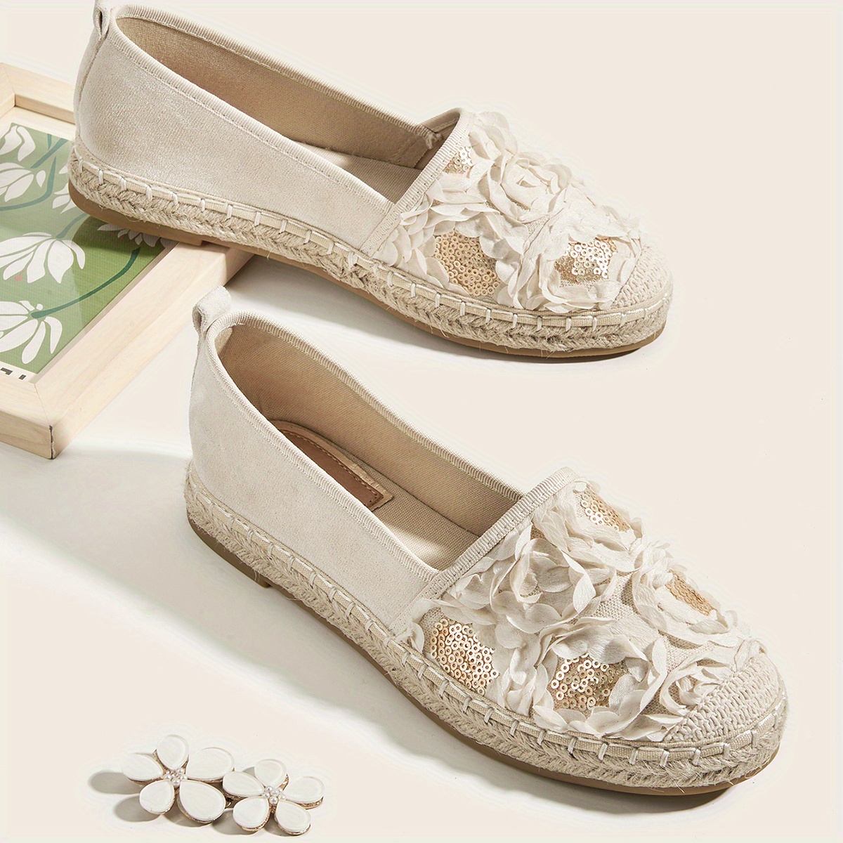 Women's Floral Sequins Flat Shoes Fashion Round Toe Espadrille Canvas 