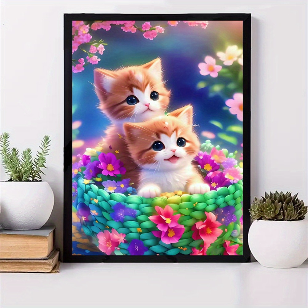 Pintura de diamantes 5D DIY, cuadro de flores y gatos, punto de