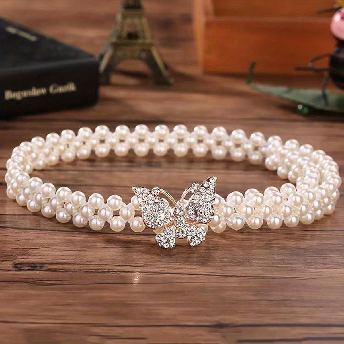 TEMU Butterfly Buckle Faux Pearl Belt Rhinestone Decor Elastic Waistband Elegant Decorative Dress Girdle