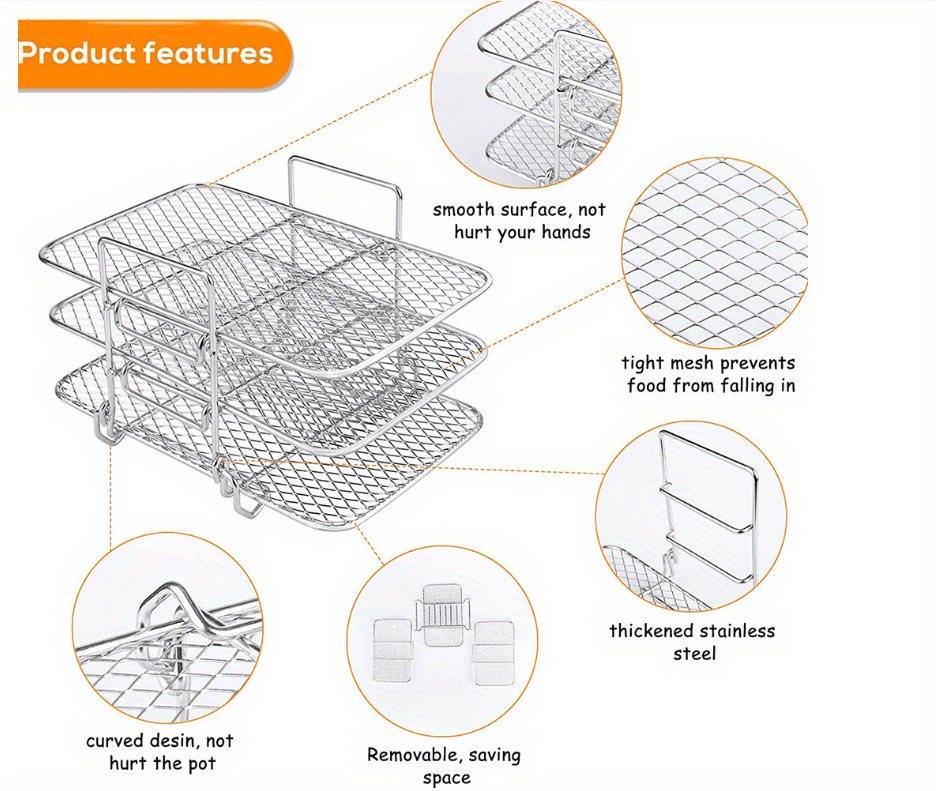 1pc 3 tier barbecue rack stainless steel three layer dehydration rack air fryer accessories universal grill rack steaming rack fruit and vegetable food dehydration rack kitchen accessories details 8