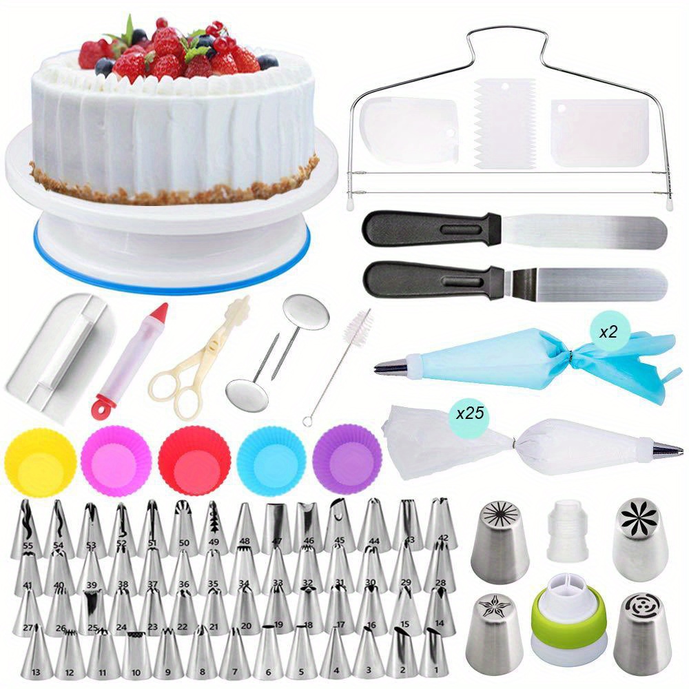 Shpebs Cake Decorating Supplies | Cake Decorating Kit Baking Supplies Set for Beginners | Rotating Cake Turntable Stand | Icing Piping Tips & Bags 