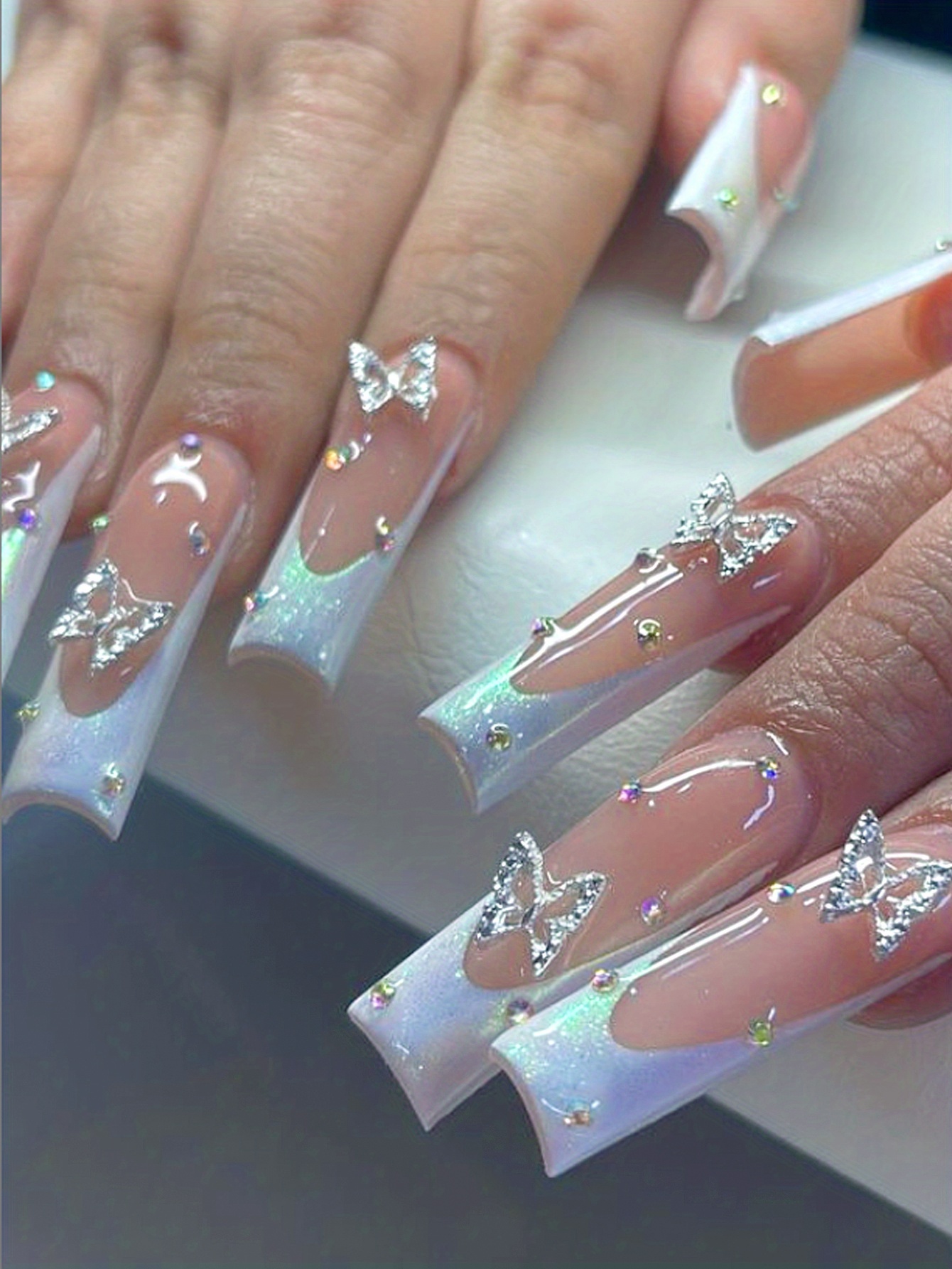 Extra Coffin Fake Nails Ballet False Nail Matte Ombre Baby Blue Butterfly  Printing Pink Cute, Super Long And High Quality - False Nails - AliExpress