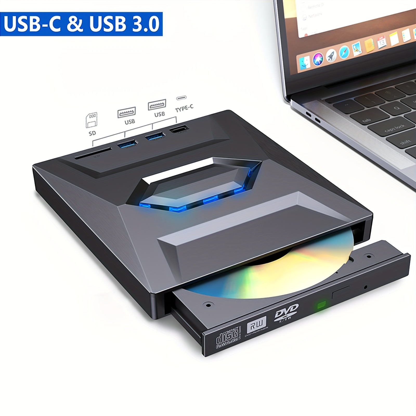 Grabadora de Lector CD/DVD Externa USB 3.0 y Tipo C, CD