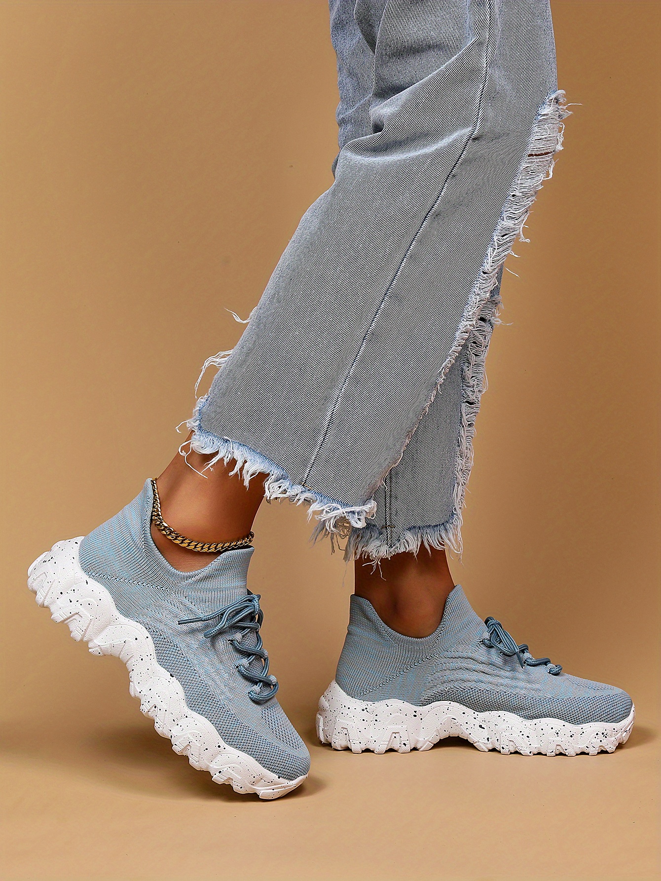 Chunky Platform Ankle Sneaker Lace Up - Light Blue