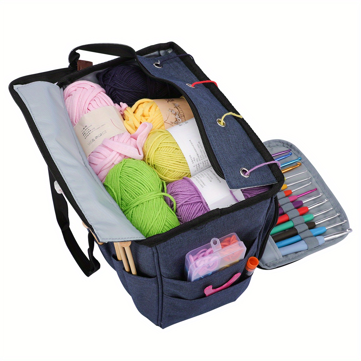 Niyofa Large Capacity Yarn Storage Bag with Multi-Pockets Barrel-Shaped  Knitting Storage Bag Portable Yarn Knitting Organizer Bag with Hnadle Strap