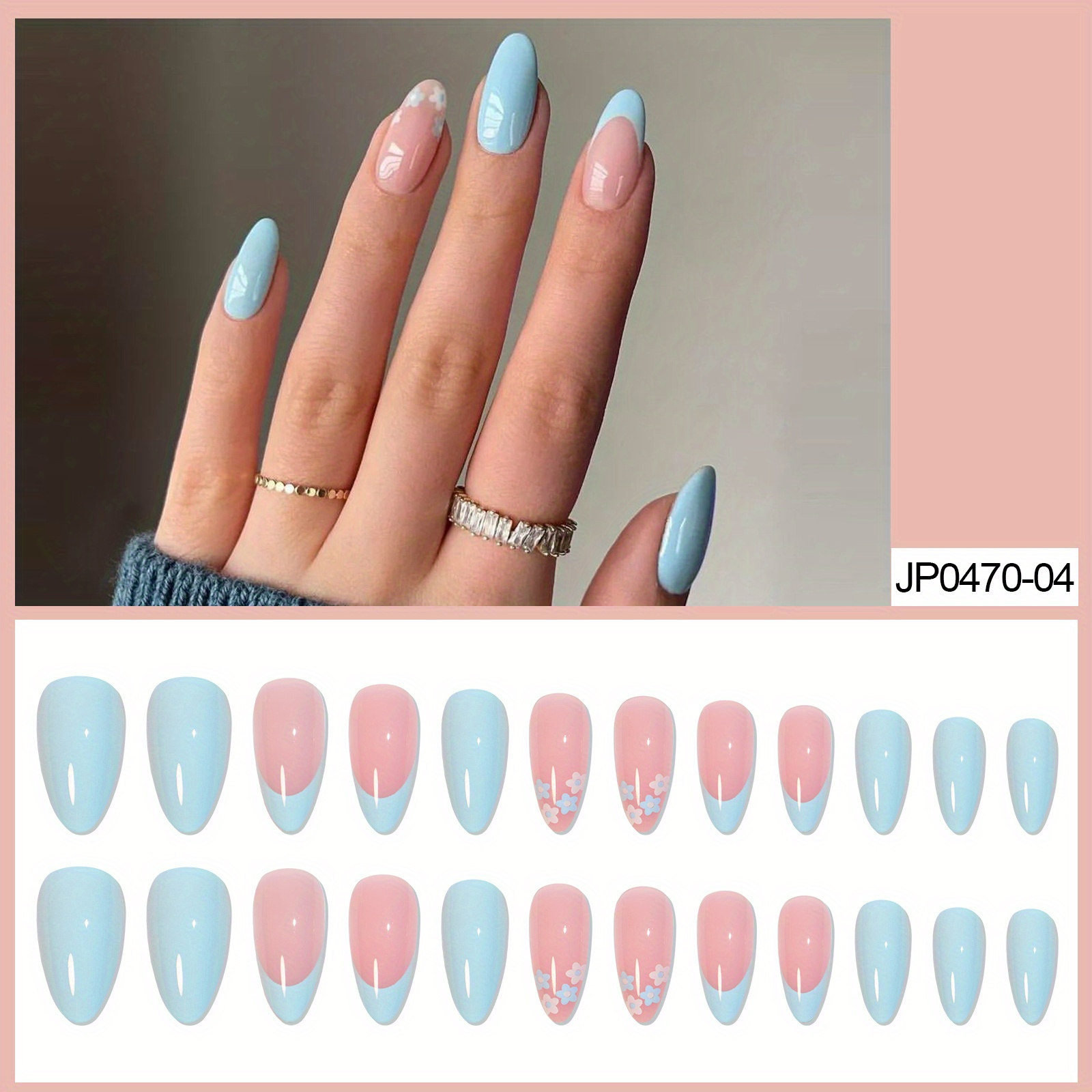 french almond press on nails glossy blue pink fake nails with cute flower designs acrylic all cover false nails for women and girls details 0