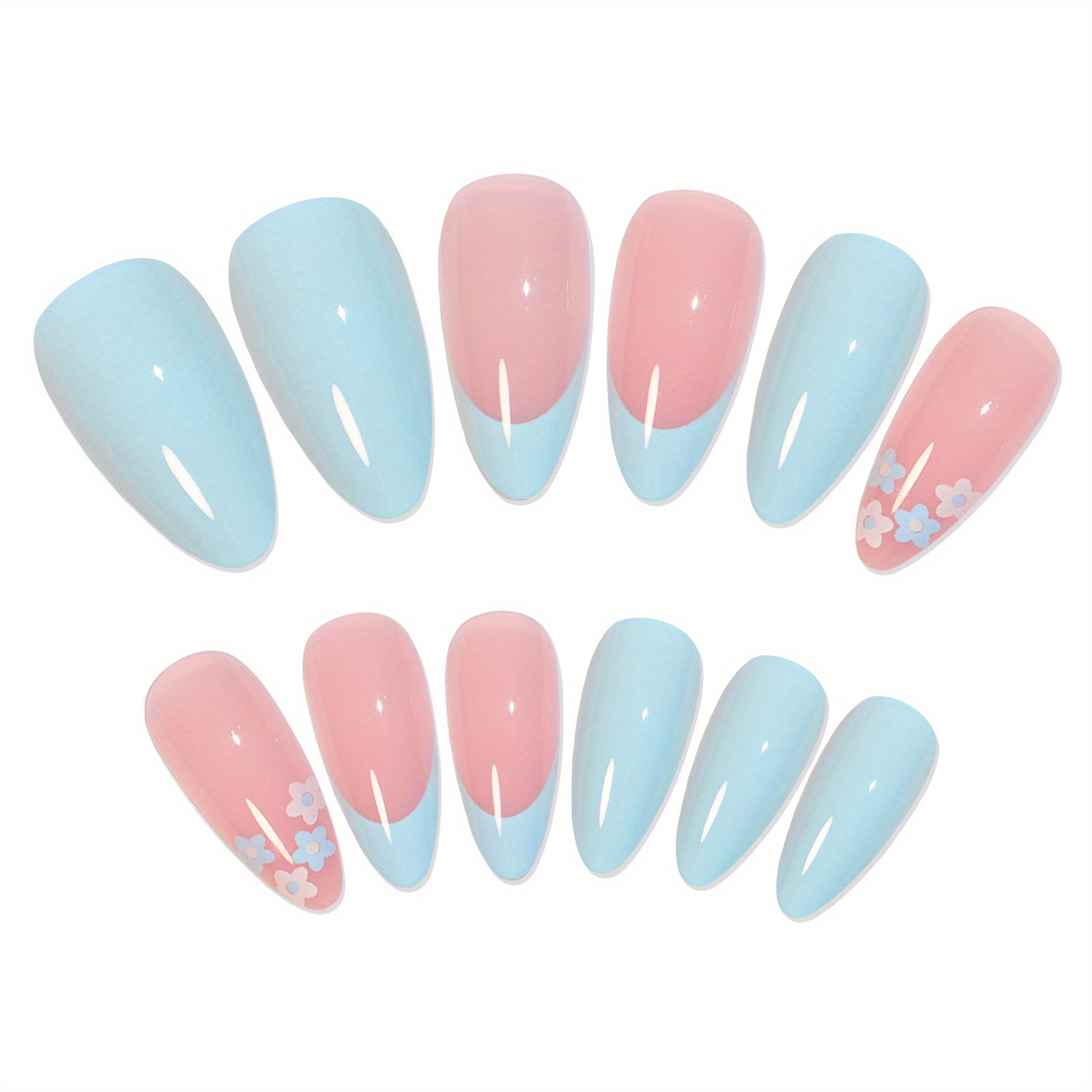 french almond press on nails glossy blue pink fake nails with cute flower designs acrylic all cover false nails for women and girls details 3