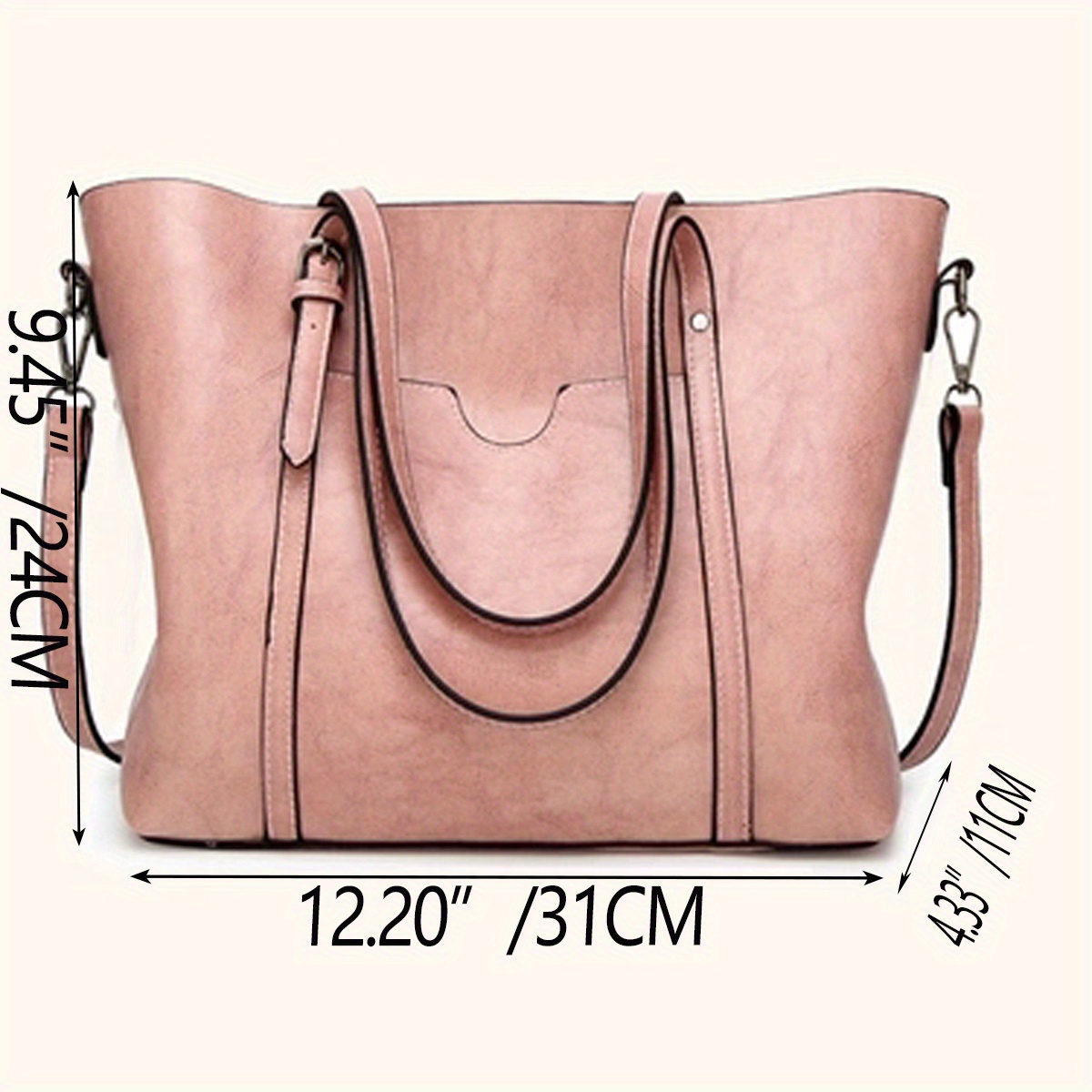 Solid Color Faux Leather Patch Pocket Tote Bag Zipper Temu