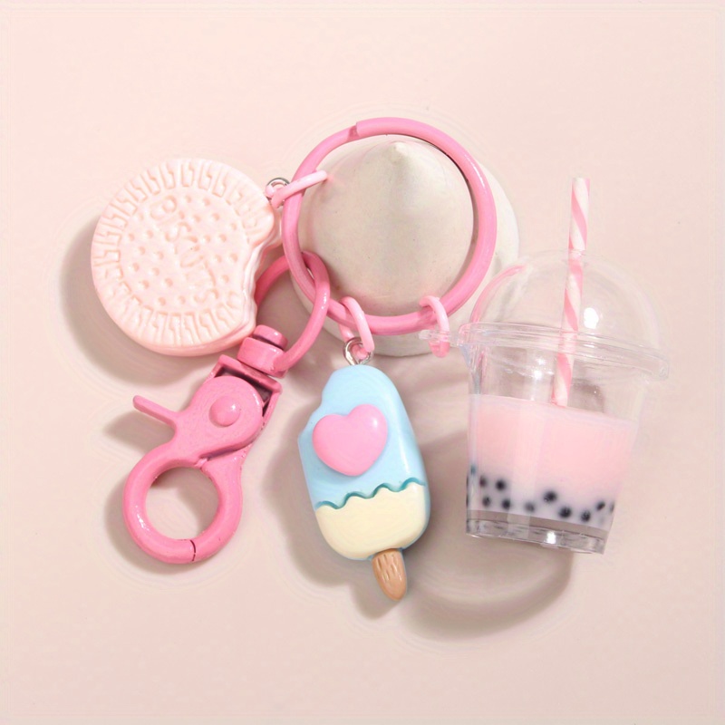 1pc cartoon cookie ice cream boba tea keychain cute purse bag backpack car key charm earbud case accessory women girls gift e6190 5