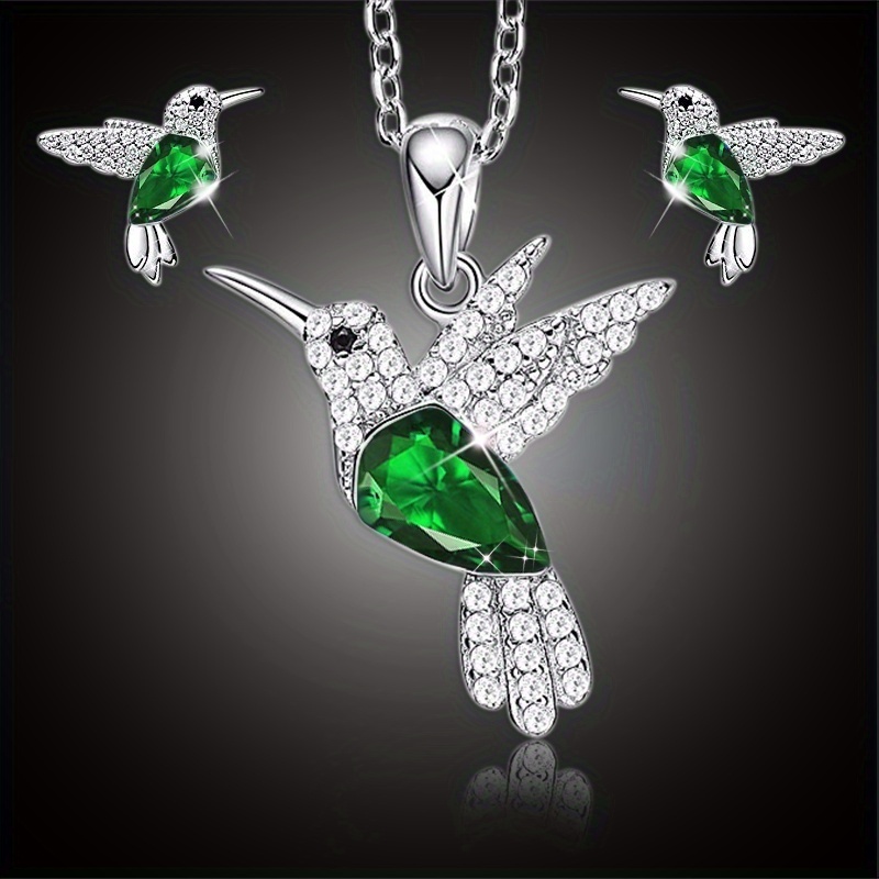 1pc hummingbird jewelry set men pendant necklace and stud earring set crystalsfine animal jewelry gift for mothers day green 8
