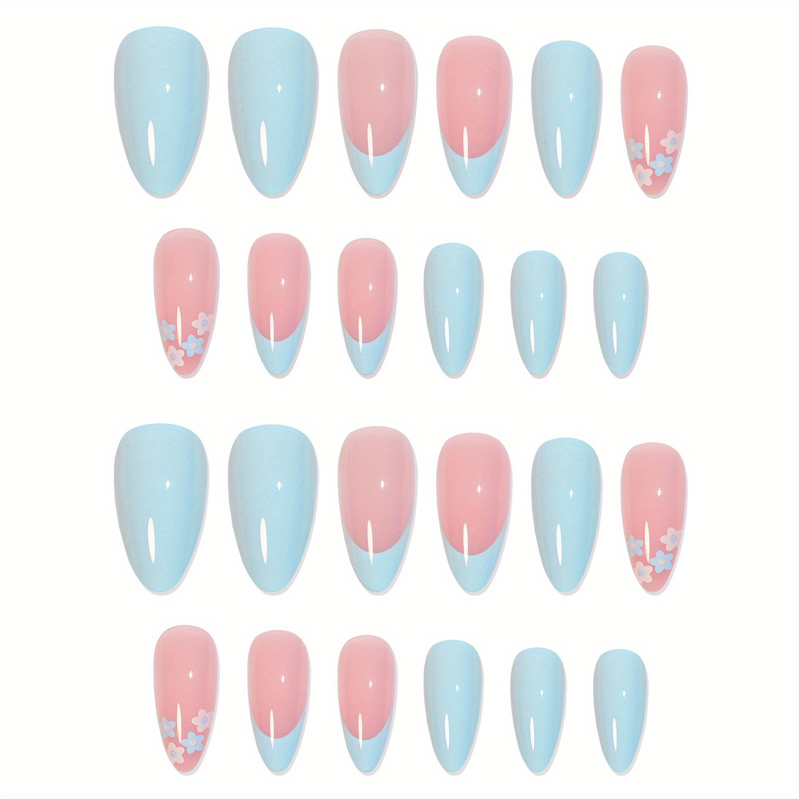 french almond press on nails glossy blue pink fake nails with cute flower designs acrylic all cover false nails for women and girls details 2