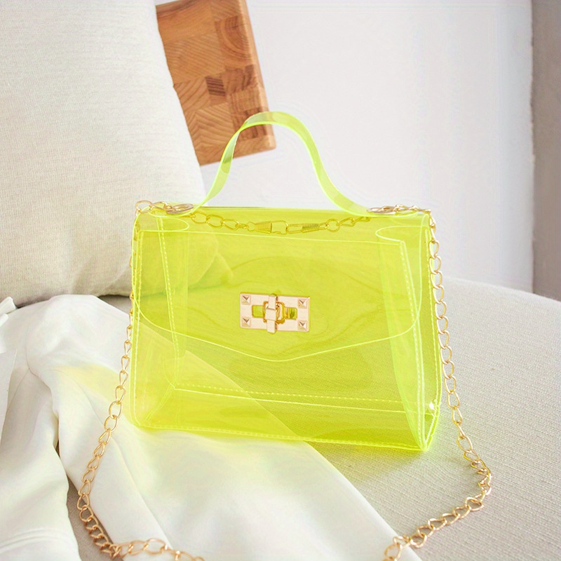 Small Clear Jelly Handbags Top Handle Twist Lock Flap Crossbody Purse with Chain