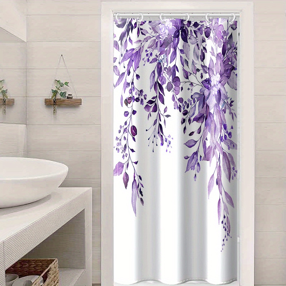 1pc Purple Flowers Shower Curtain With Plastic Hook, Plant Leaves Pattern  Shower Curtain, Art Aesthetics, Bathroom Window Curtain For Room Home Hotel