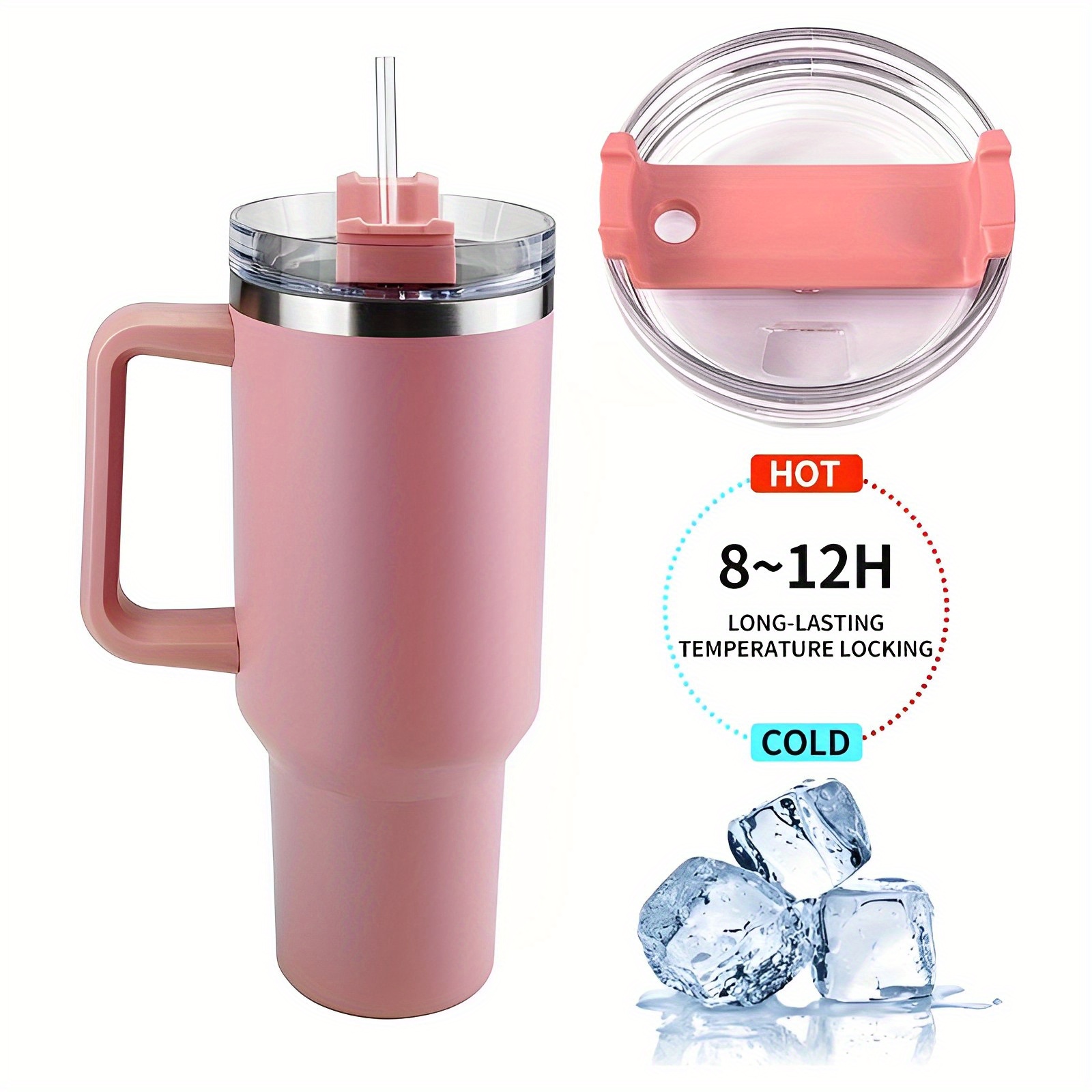 1pc 40oz With Handle Straw Cup Thermal Insulation (coral Pink)