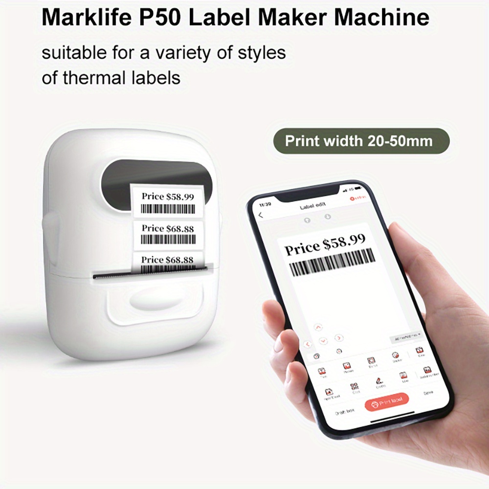 p50s thermal label makers portable bt thermal label maker printer for barcode clothing jewelry retail mailing compatible with android ios windows  with 1 roll 40 30mm label details 1