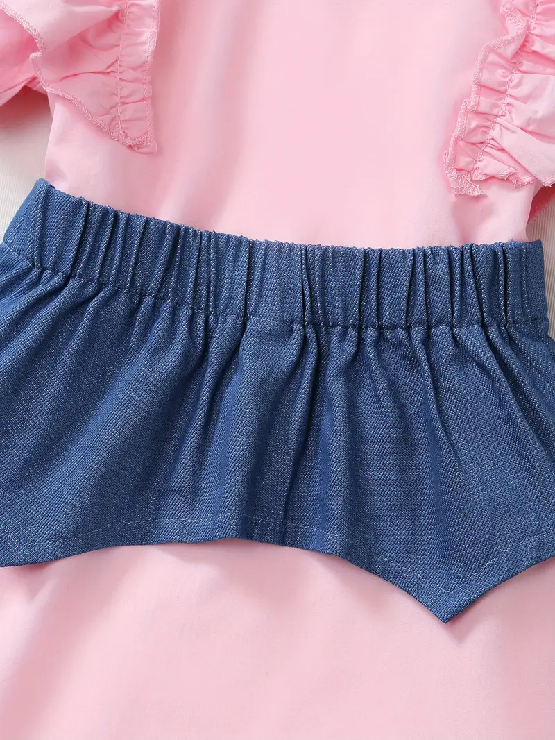 toddler girls short sleeve ruffle trim button casual denim spliced shirt dress for party kids summer clothes details 5