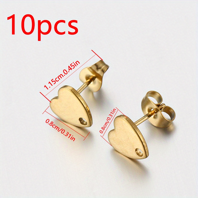 Image of 10pcs Golden 304 Stainless Steel Love Heart Ear Studs For Diy Earrings Base Jewelry Making Hole Dangle Charm Components Accessories