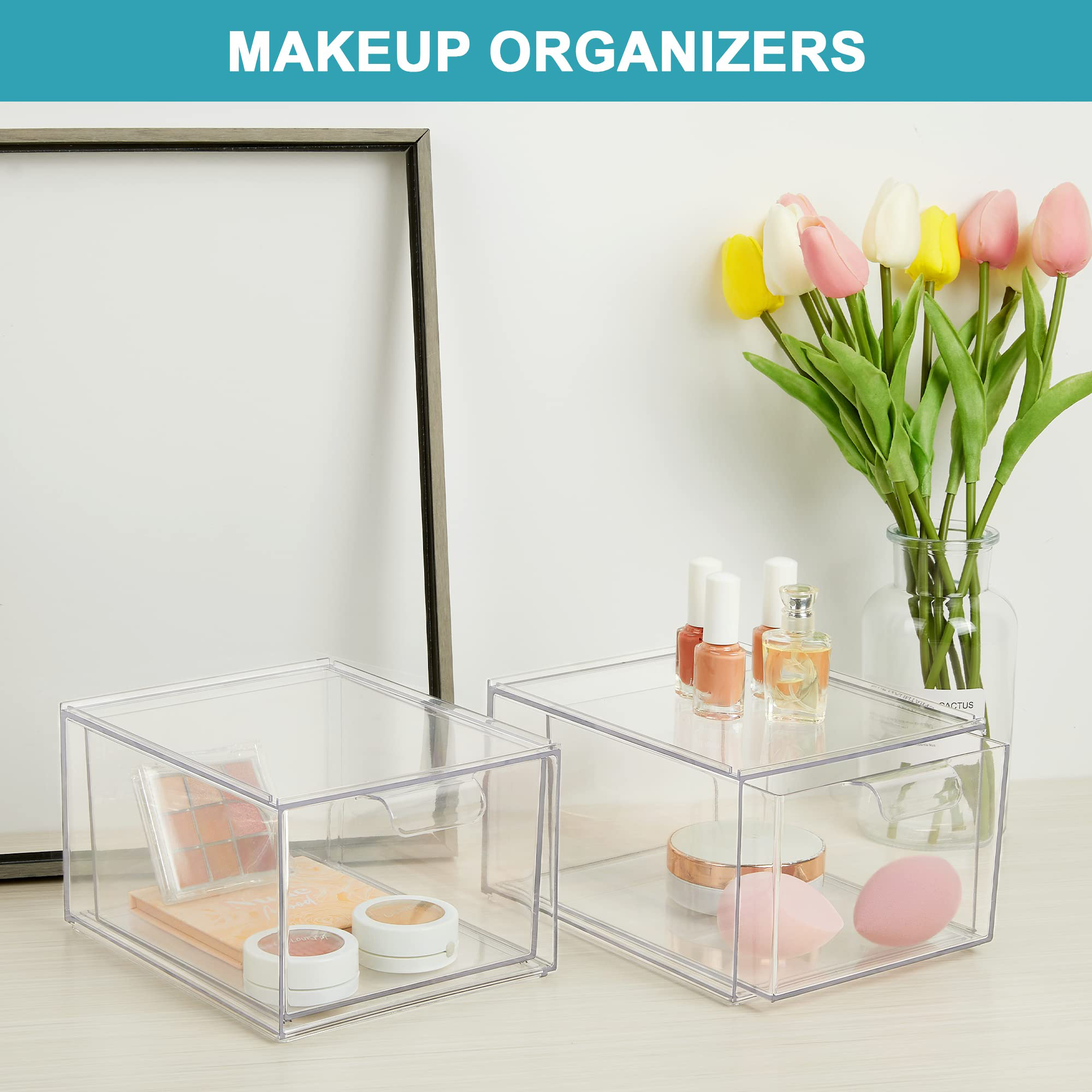 2PCS Stackable Makeup Organizer Storage Drawers, Clear Storage