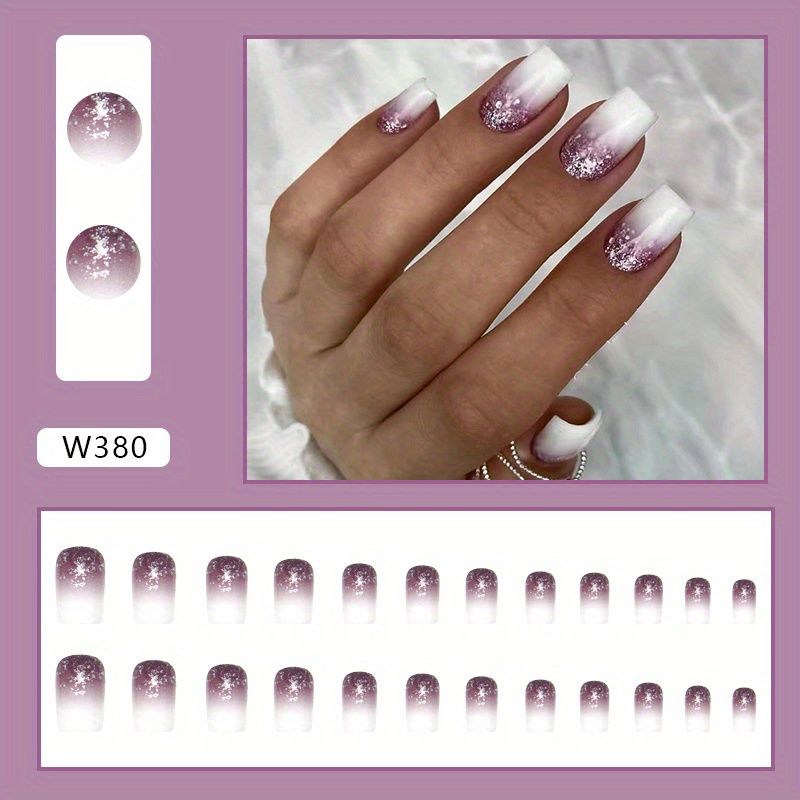 TEMU European And American Medium-length Square Gradient Purple Press-on Nails With Glitter , Designed For Instagram-style Nail Art
