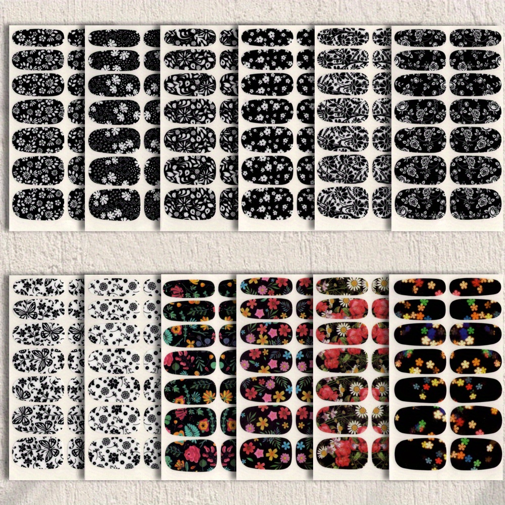 12 Sheets Free 6 Nail Files Black And White Flower Series Nail Care Stickers Full Set Of Nail Polish Stickers Self Adhesive Nail Art Decal Strip Nail Care Decoration Kit