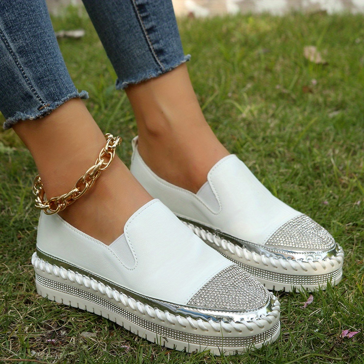 Women's Platform Loafers Trendy Round Toe Rhinestone Slip - Temu