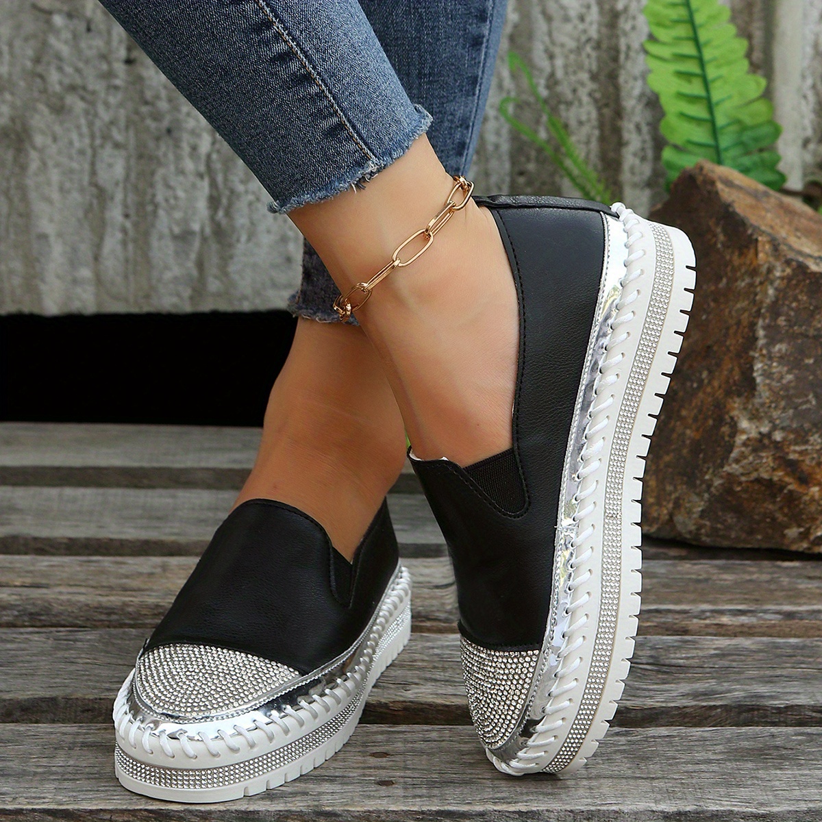 Women's Platform Loafers Trendy Round Toe Rhinestone Slip - Temu