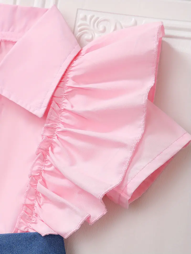 toddler girls short sleeve ruffle trim button casual denim spliced shirt dress for party kids summer clothes details 3
