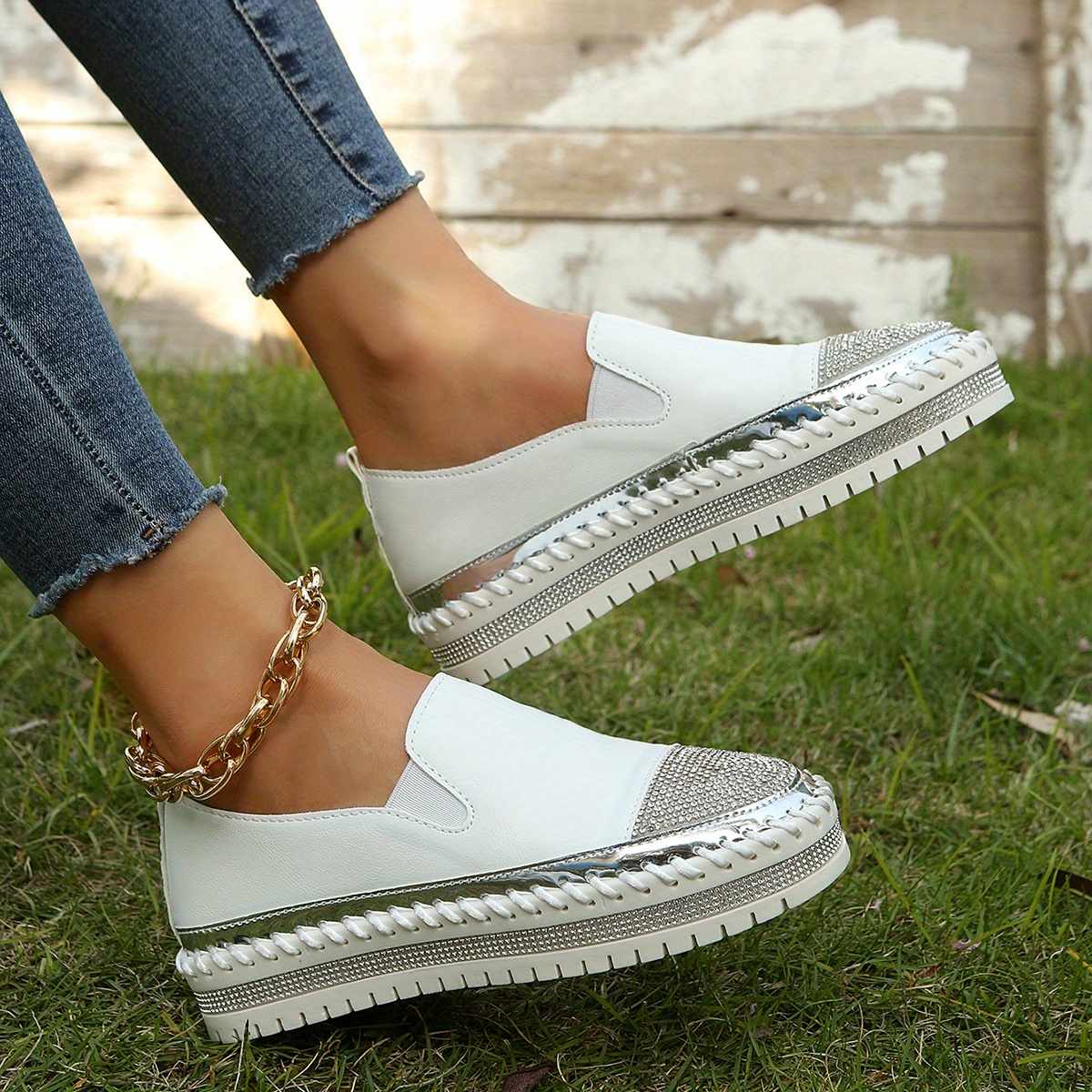 Women's Platform Loafers Trendy Round Toe Rhinestone Slip - Temu