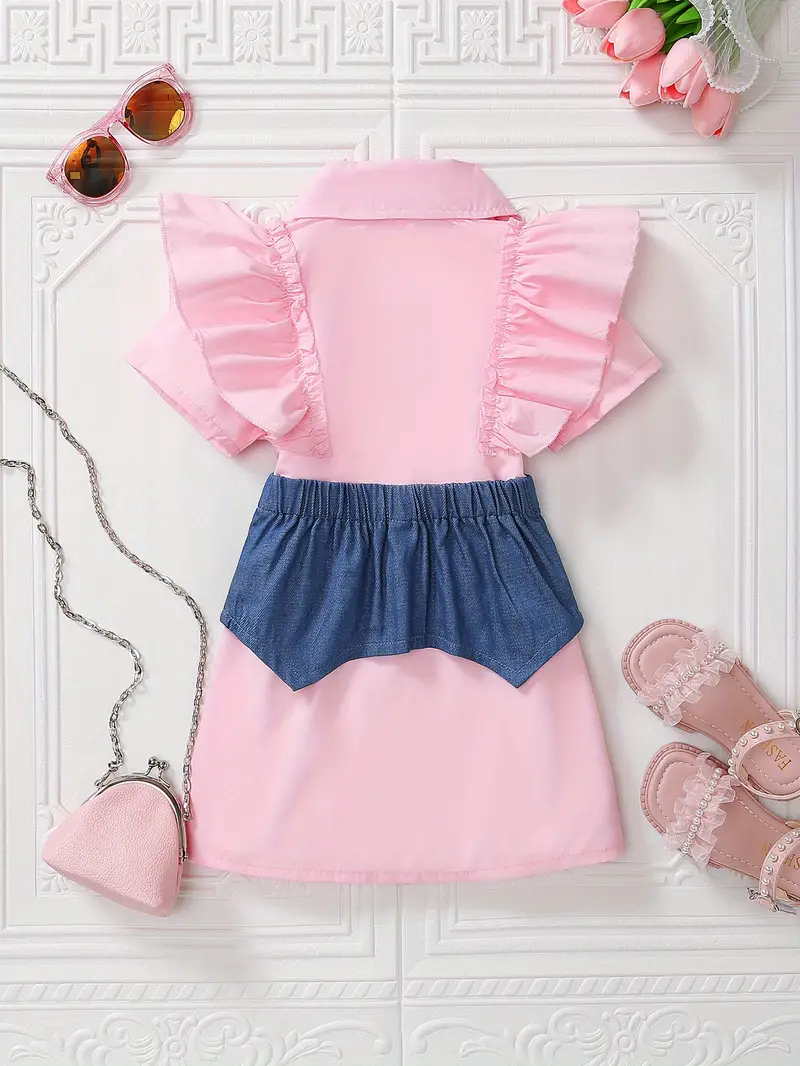 toddler girls short sleeve ruffle trim button casual denim spliced shirt dress for party kids summer clothes details 1