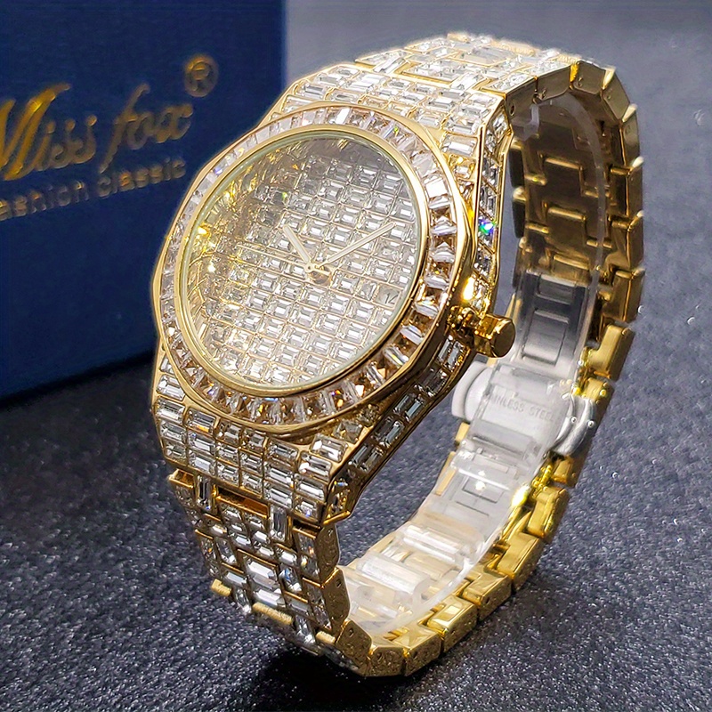 Reloj De Pulsera Lujo De Hombre Cuarzo Oro Diamantes Cuadrado Resistente Al  Agua