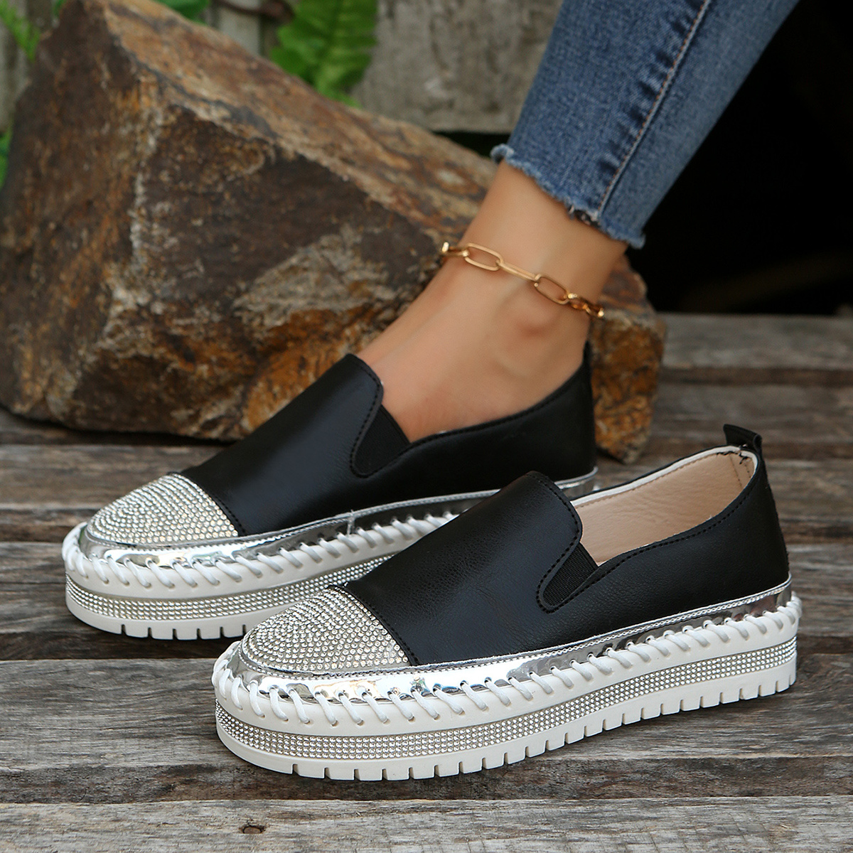 Women's Platform Loafers Trendy Round Toe Rhinestone Slip - Temu United ...