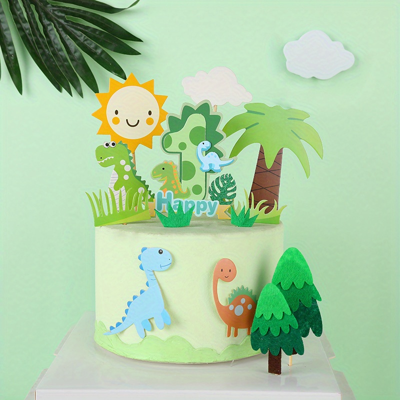 1pc Cartoon Green Dinosaur Cake Topper 0 Paper Cake Topper Dinosaur ...