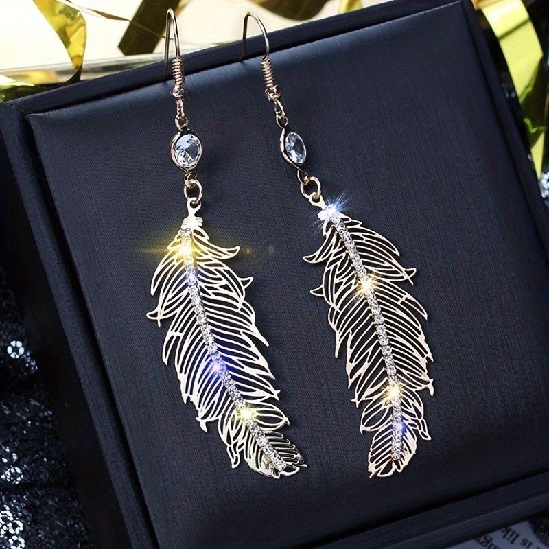 elegant long feather earrings crystal dangle earrings women wedding engagement ear jewelry gift details 1
