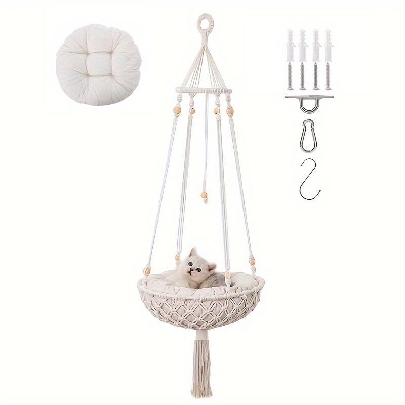 Image of Bohemian Hand-woven For Cat Hammock With Hanging Kit | Indoor/outdoor Wall-mounted Polyester For Cat Bed For Sleeping, Playing, And Lounging, Decor For Cats