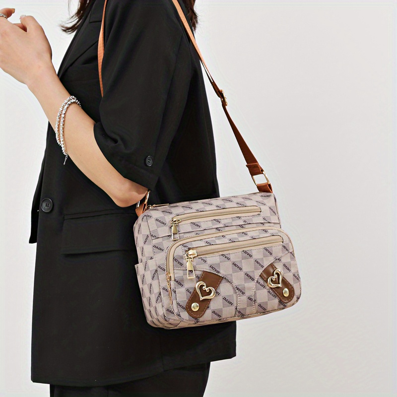 Fashion Plaid Pattern Crossbody Bag, Women's Multi Pockets Purse, Heart  Decor Faux Leather Shoulder Bag