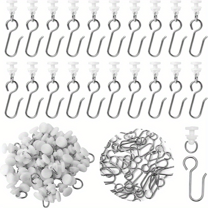 Auvotuis 30Pcs Curtain Track Hooks, Stainless Steel Small Curtain Hooks S  Shaped Metal Curtain Wire Hooks for Ceiling Curtain Drape, Pin-On Drapery