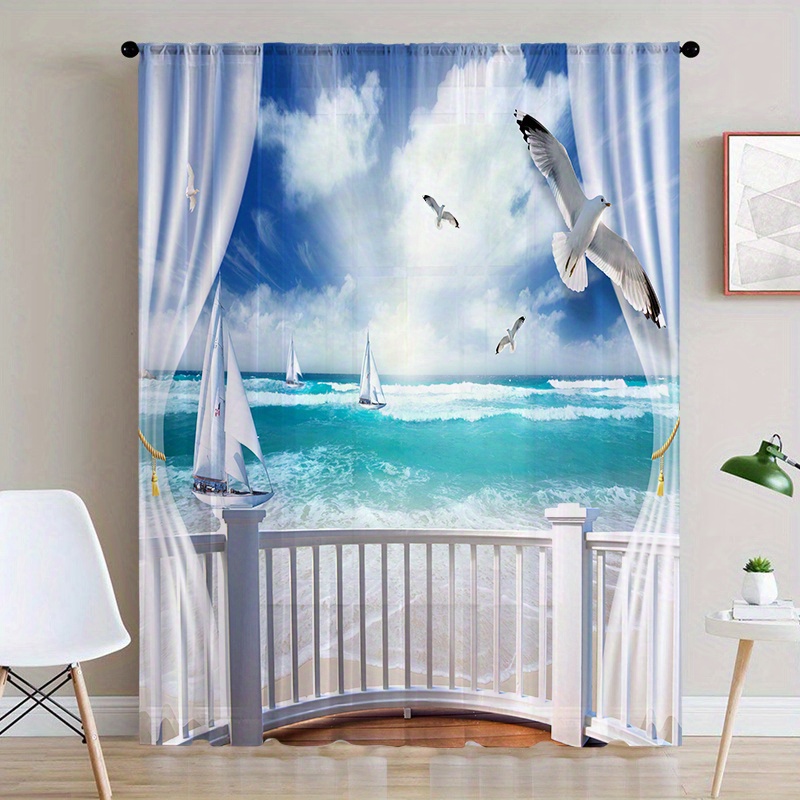 Blue Ocean Bird Print Mantle Curtain Rod Pocket - Temu