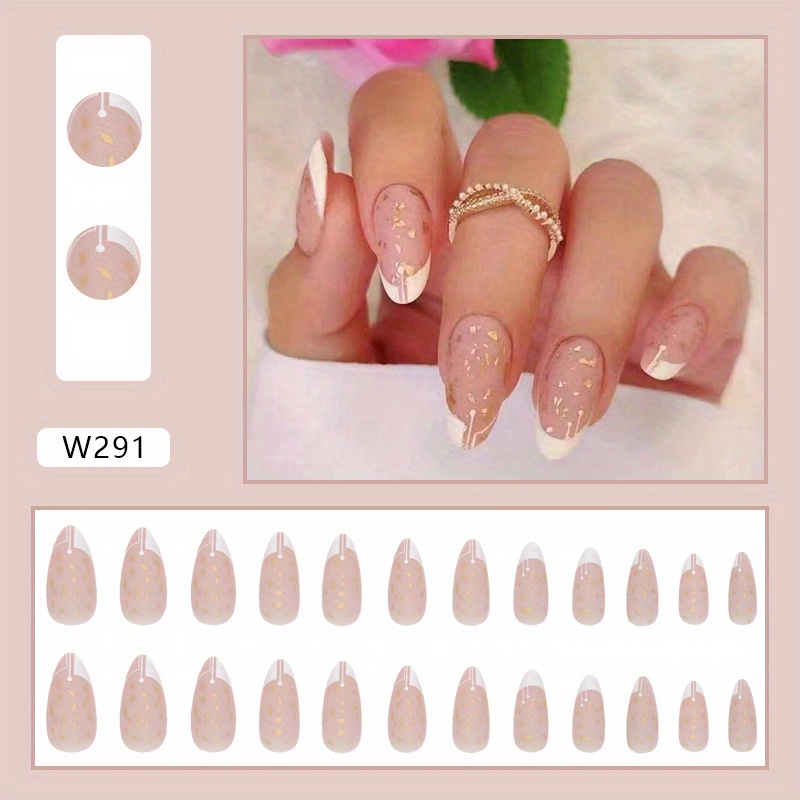 White French Tip Press On Nails Medium Almond Fake Nails Glossy Full Cover  Gold Foil Stick On Nails False Nails For Women Girls - Temu Mexico