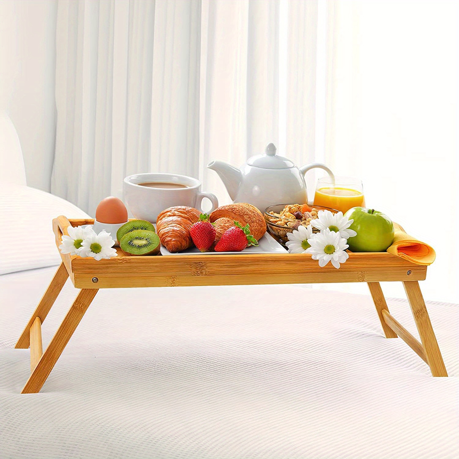 Pipishell Bamboo Bed Tray Table Breakfast Serving Tray with Foldable Legs  for Sofa, Bed, Food Eating, Working, Used As Laptop